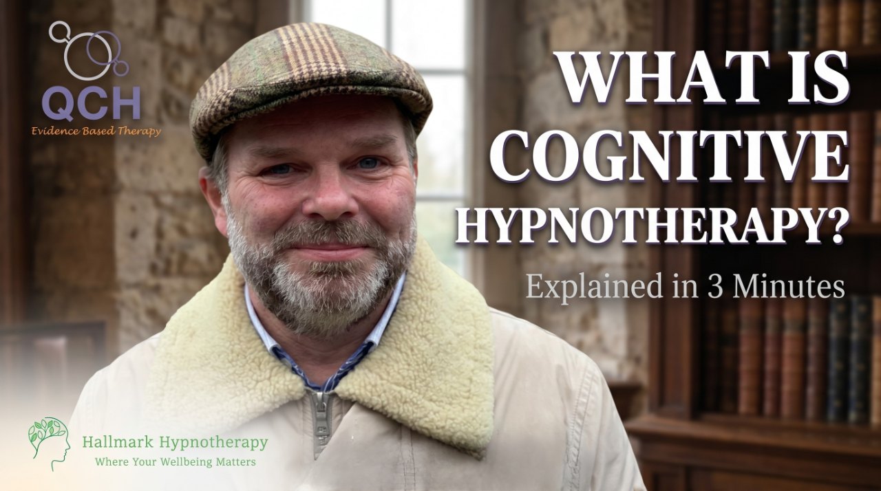 Damian Hallmark in a flat cap, title card reading What is Cognitive Hypnotherapy? Explained in 3 Minutes